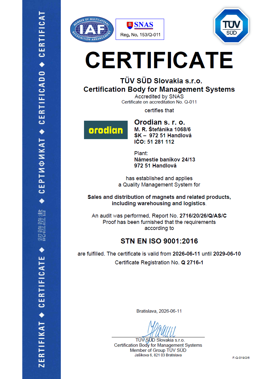 Az Orodian s. r. o. részére kiállított ISO 9001:2016 tanúsítvány