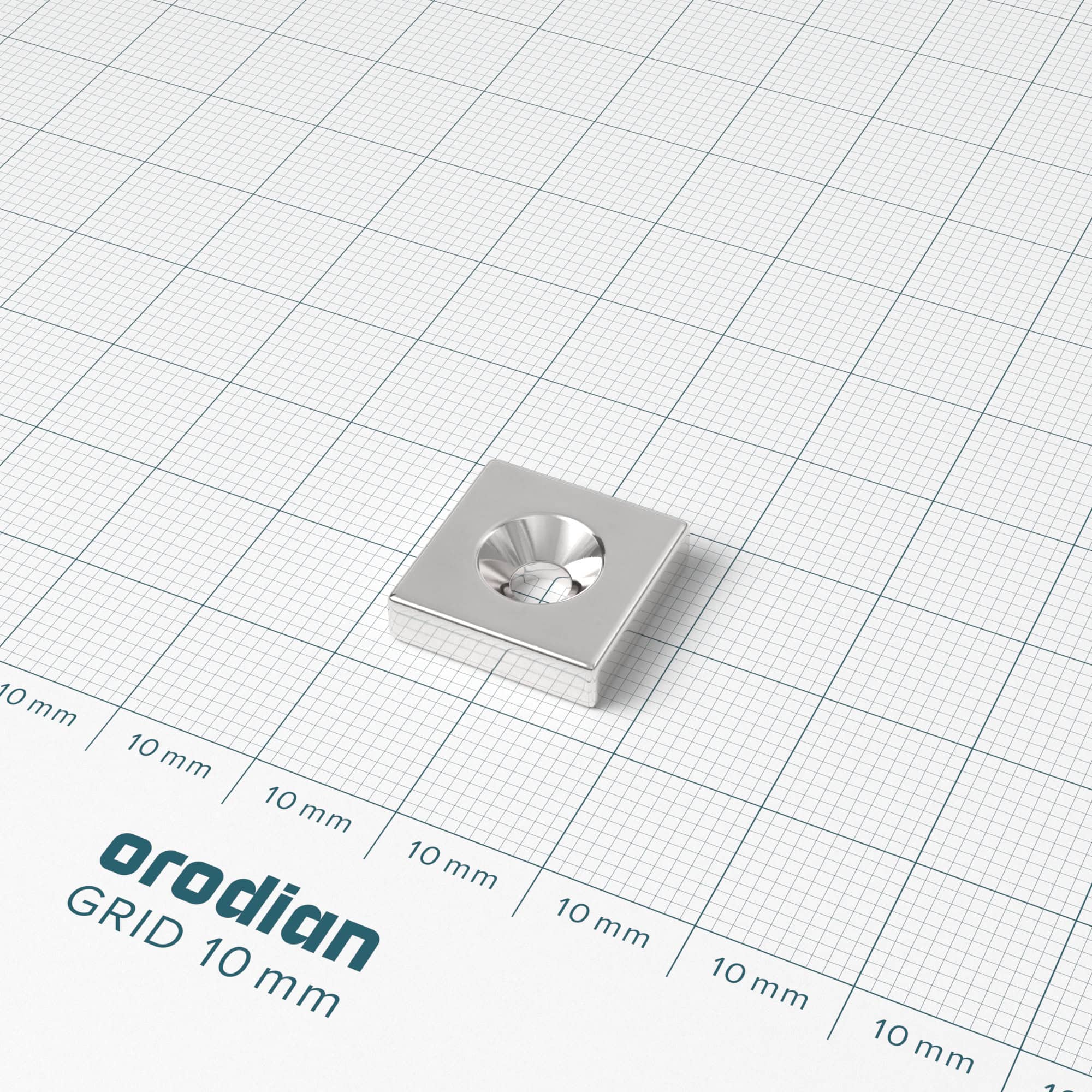 Neodímium mágnes téglatest 15×15×4 mm lyukkal M4 (déli pólus a mélyedés oldalán) - N38 - Image 2