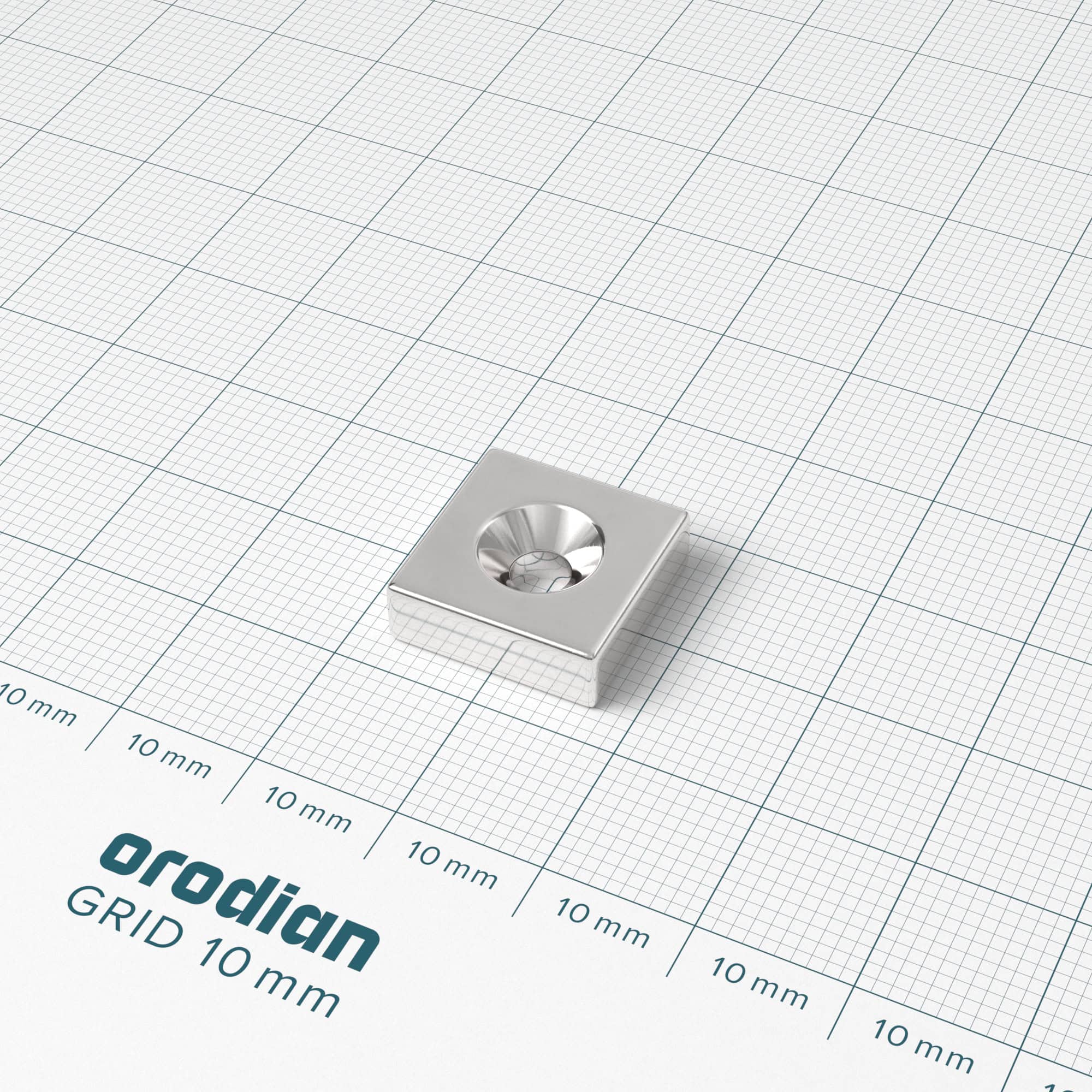 Neodímium mágnes téglatest 15×15×5 mm lyukkal M4 (északi pólus a mélyedés oldalán) - N38 - Image 2