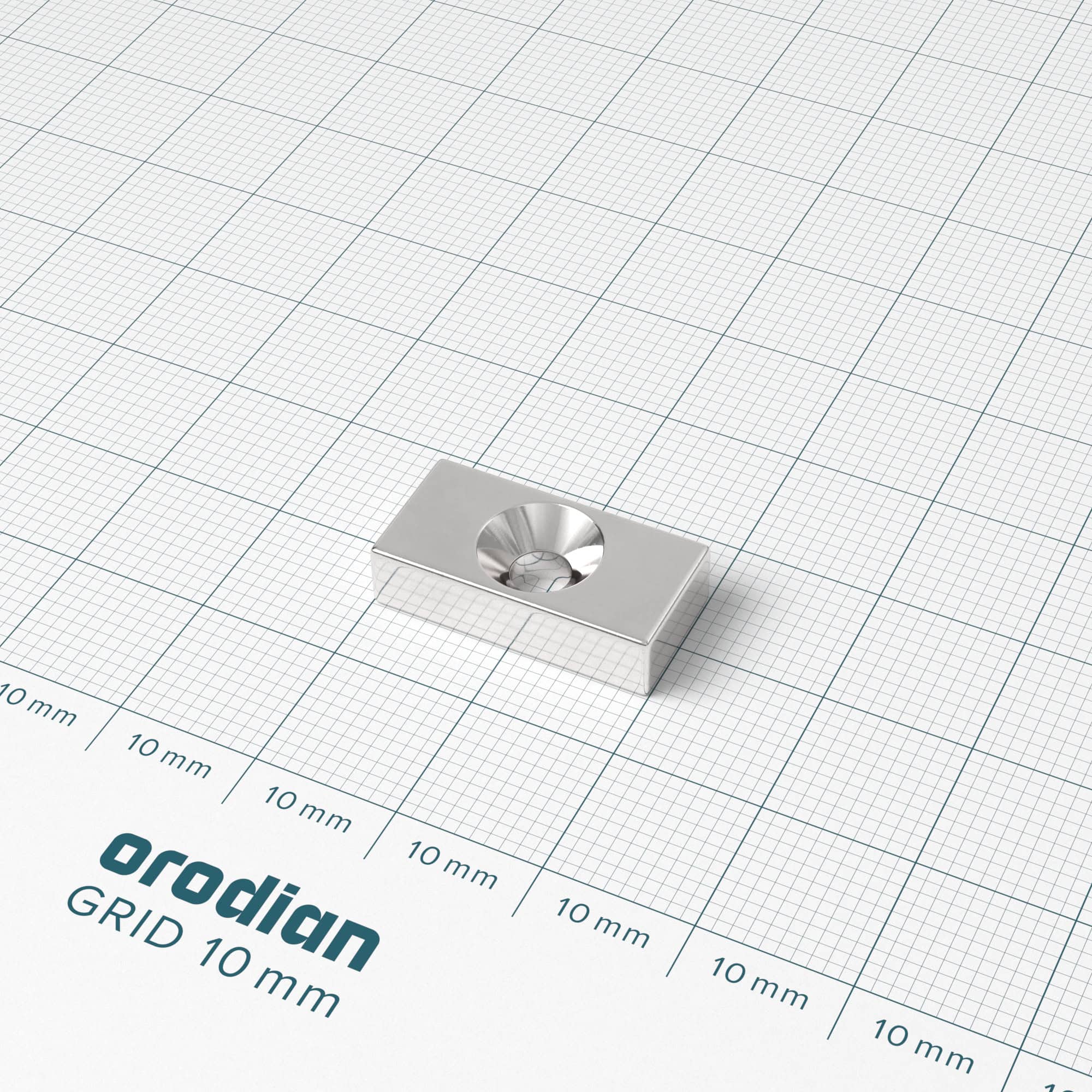 Neodímium mágnes téglatest 20×10×5 mm lyukkal M4 (déli pólus a mélyedés oldalán) - N38 - Image 2