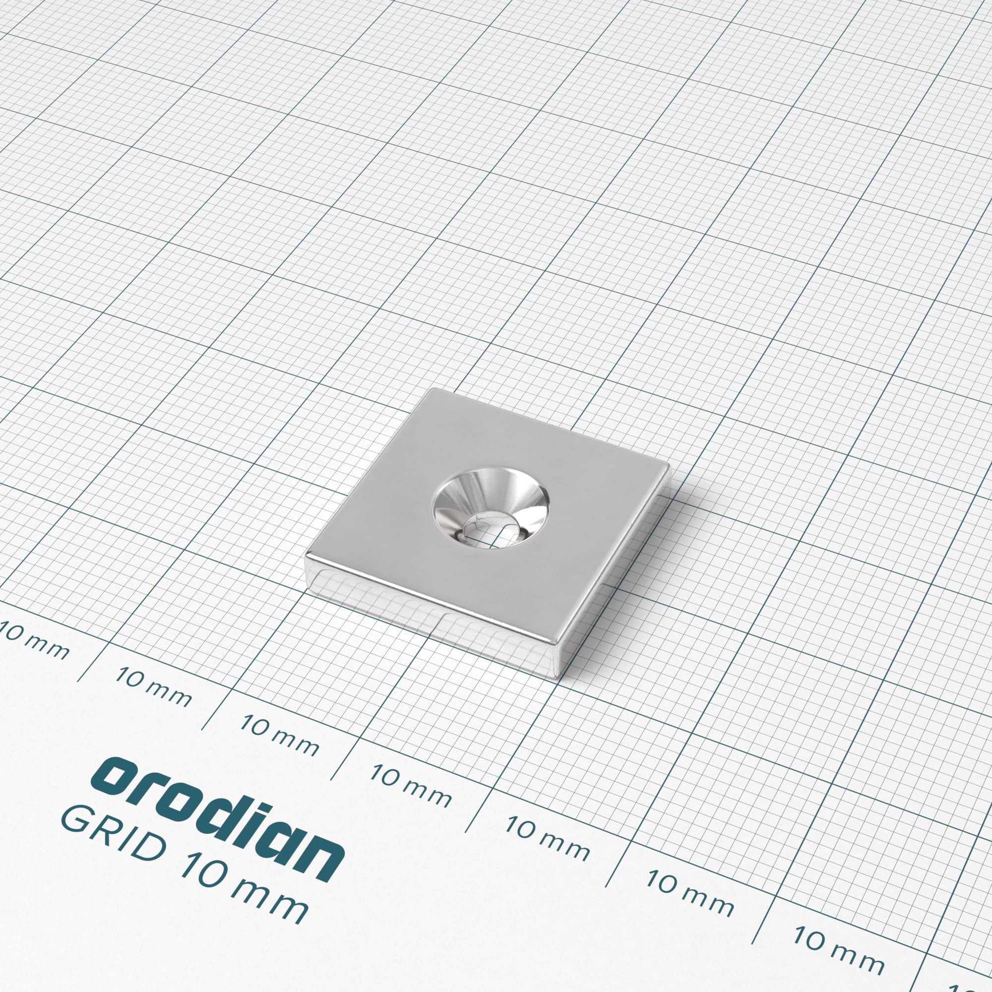 Neodímium mágnes téglatest 20×20×4 mm lyukkal M4 (déli pólus a mélyedés oldalán) - N38 - Image 2