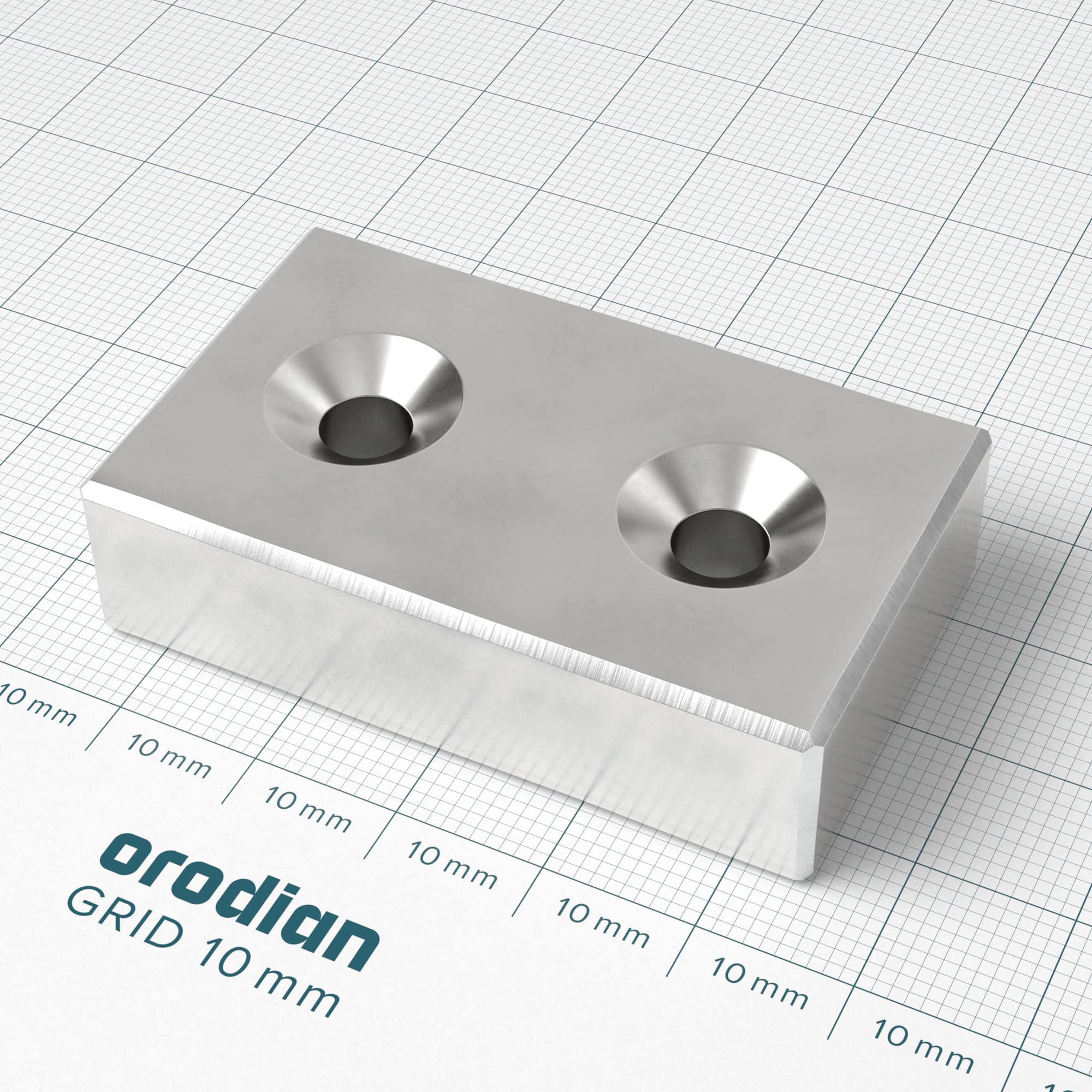 Neodímium mágnes téglatest 50×30×13 mm két M6 csavarlyukkal (déli pólus a csavarlyukak oldalán) - N45 - Image 2