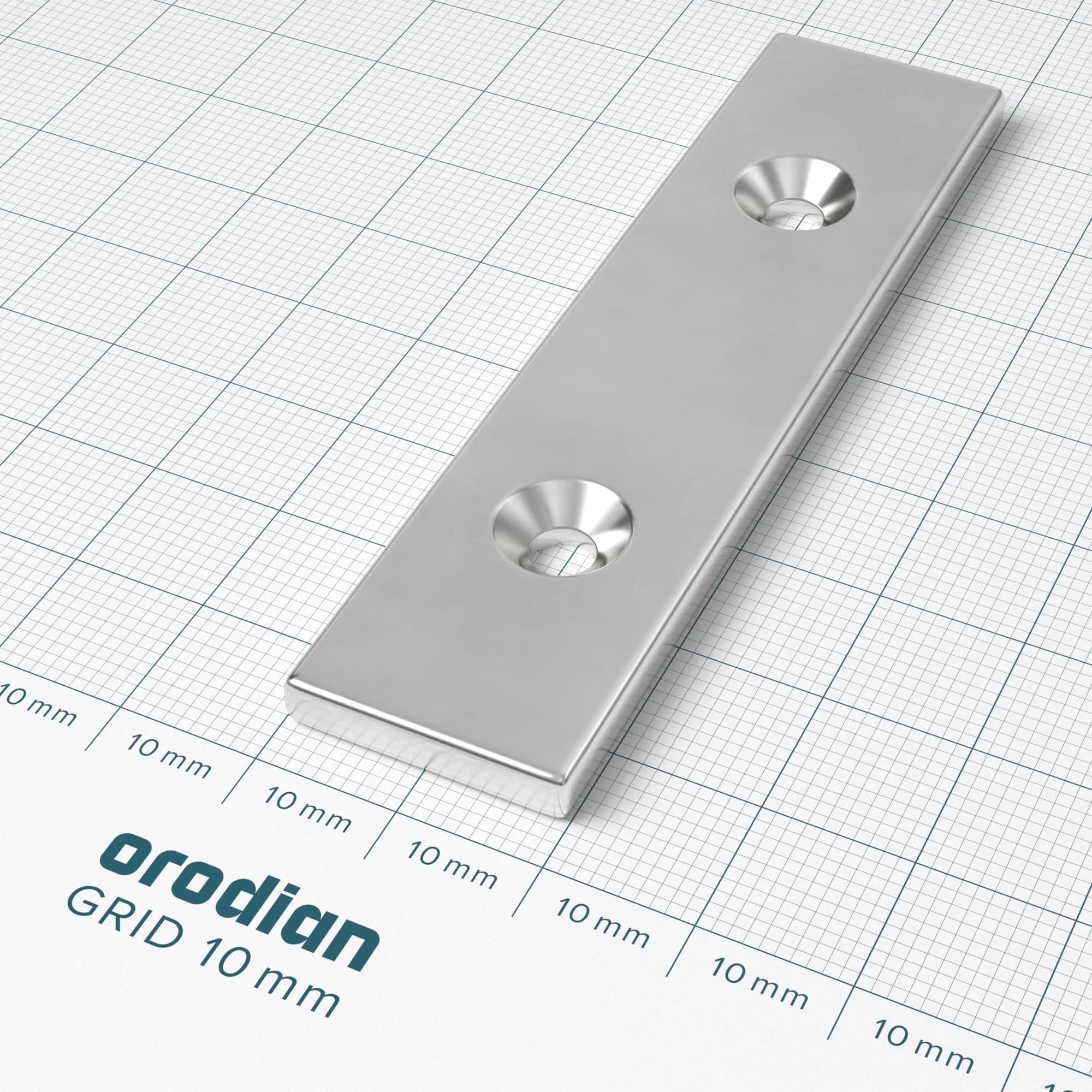 Neodímium mágnes téglatest 80×20×4 mm két lyukkal M4 (déli pólus a mélyedés oldalán) - N38 - Image 3